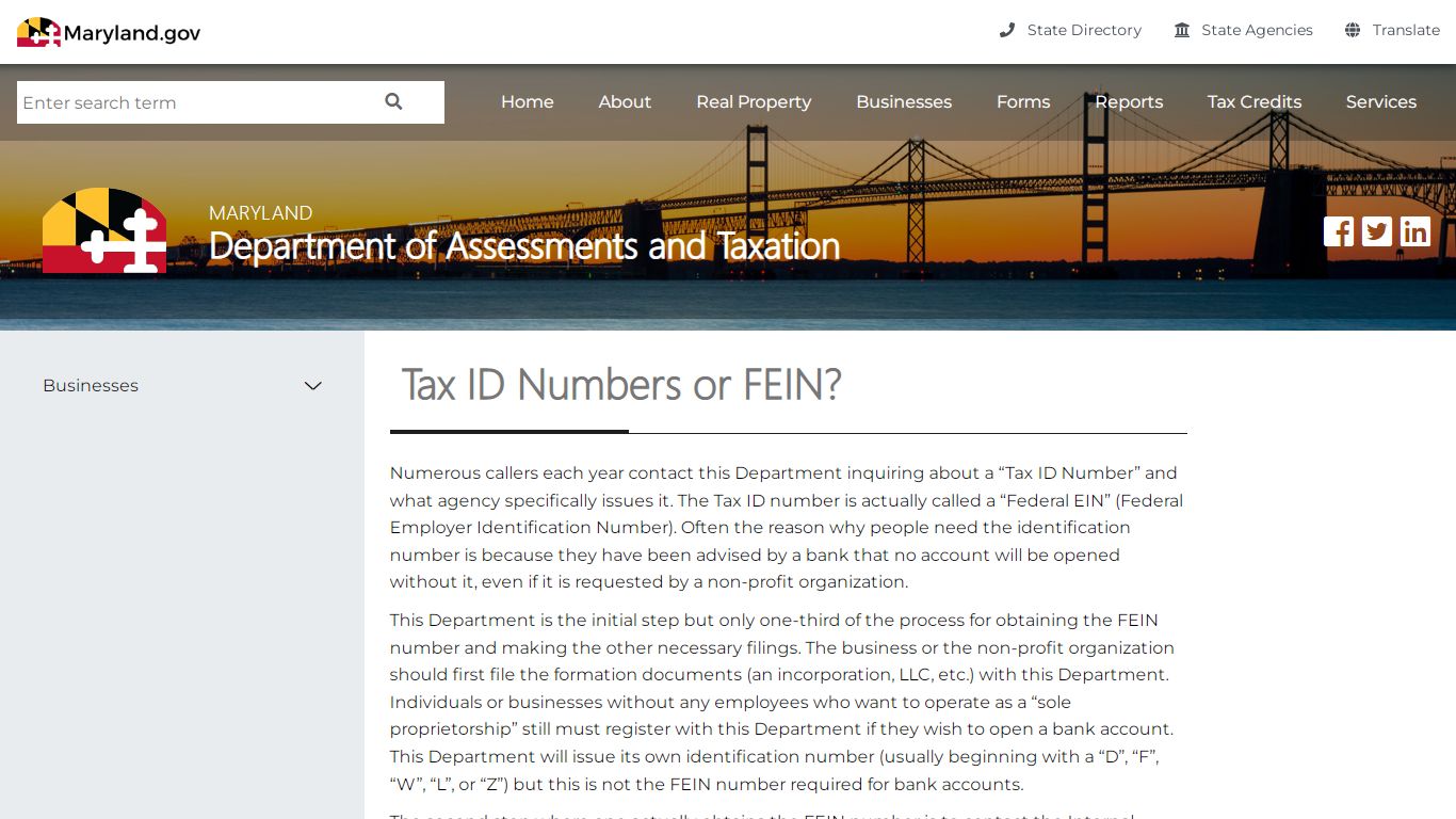 Tax ID Numbers or FEIN? - Maryland Department of Assessments and Taxation